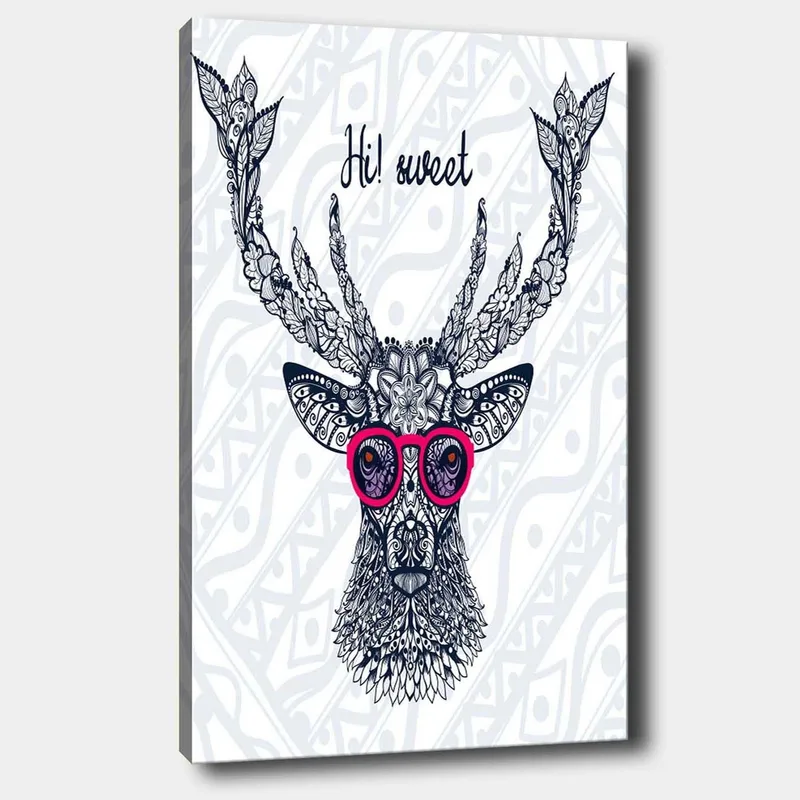 Canvas taulu 70x100 cm - Tyylitelty hirvi laseilla ja koristeellisilla yksityiskohdilla - Tummansininen / Vaaleanpunainen - Sisustustuotteet - Taulu & taide - Canvas-taulu