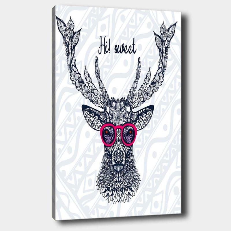 Canvas taulu 70x100 cm - Tyylitelty hirvi laseilla ja koristeellisilla yksityiskohdilla - Tummansininen / Vaaleanpunainen - Sisustustuotteet - Taulu & taide - Canvas-taulu