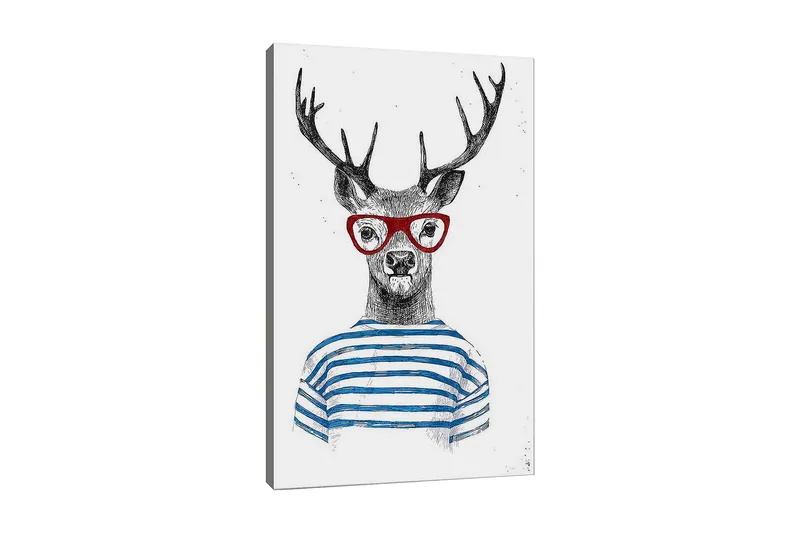Canvas taulu 70x100 cm - Tyylitelty hirvi silmälaseineen ja raidallinen neulepusero, Musta / Punainen / Sininen