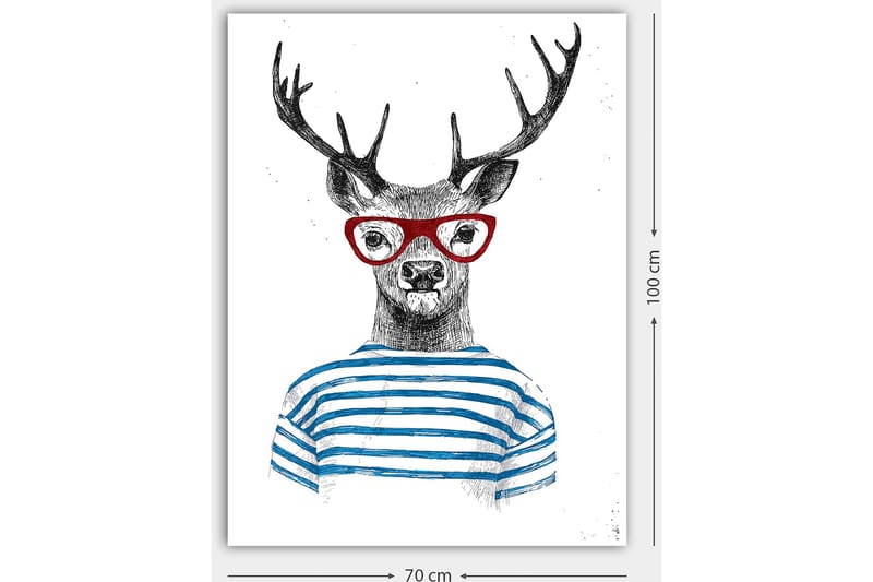 Canvas taulu 70x100 cm - Tyylitelty hirvi silmälaseineen ja raidallinen neulepusero - Musta / Punainen / Sininen - Sisustustuotteet - Taulu & taide - Canvas-taulu