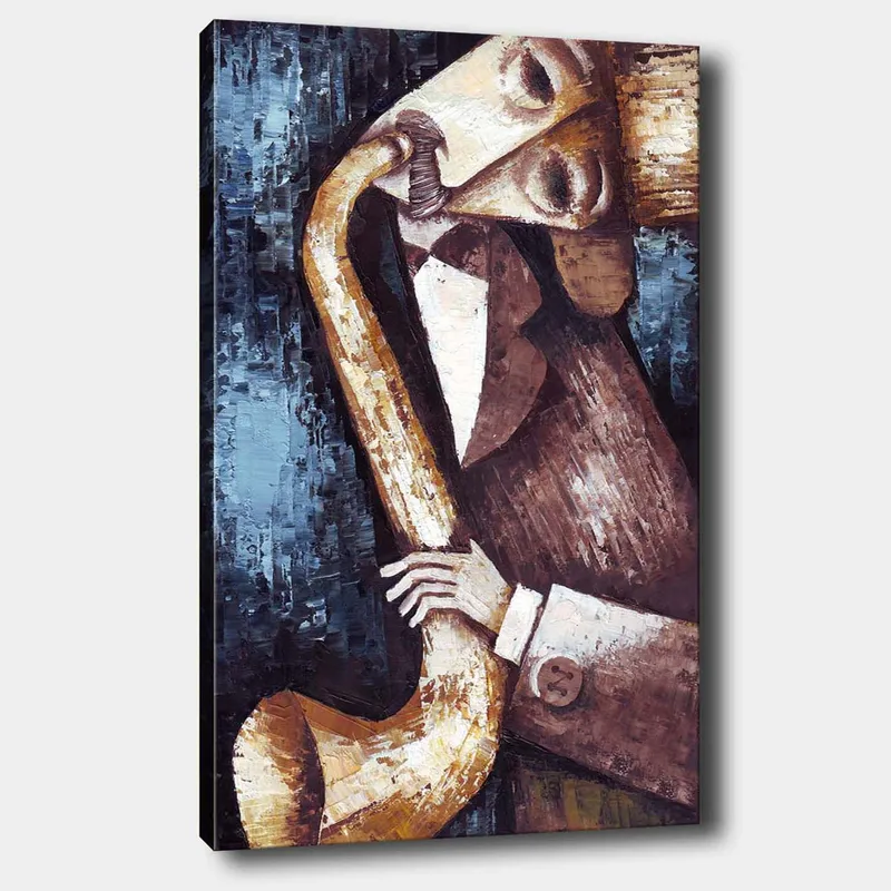 Canvas taulu 70x100 cm - Tyylitelty ja ilmeikäs saksofonia soittava muusikko, Tummansininen / Beige / Ruskea
