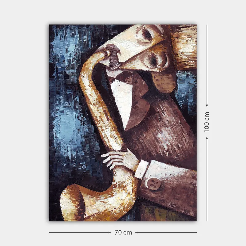 Canvas taulu 70x100 cm - Tyylitelty ja ilmeikäs saksofonia soittava muusikko - Tummansininen / Beige / Ruskea - Sisustustuotteet - Taulu & taide - Canvas-taulu