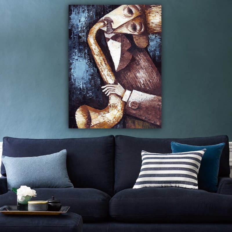 Canvas taulu 70x100 cm - Tyylitelty ja ilmeikäs saksofonia soittava muusikko - Tummansininen / Beige / Ruskea - Sisustustuotteet - Taulu & taide - Canvas-taulu