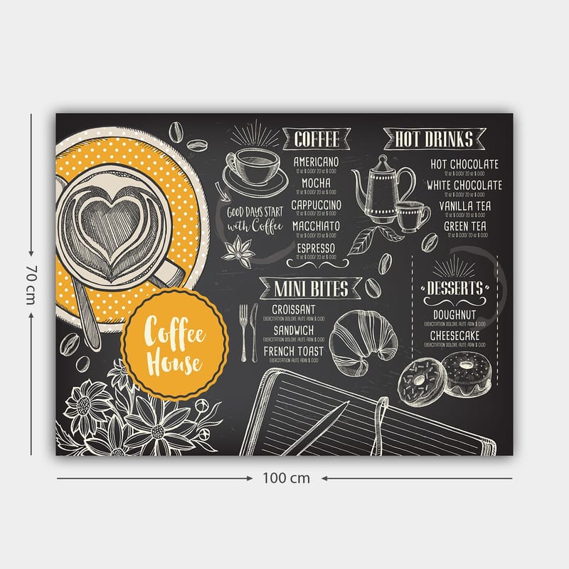 Canvas taulu 70x100 cm - Tyylitelty kahvilan ruokalista, jossa on kuppi kahvia ja leivonnaisia - Musta / Oranssi / Valkoinen - Sisustustuotteet - Taulu & taide - Canvas-taulu