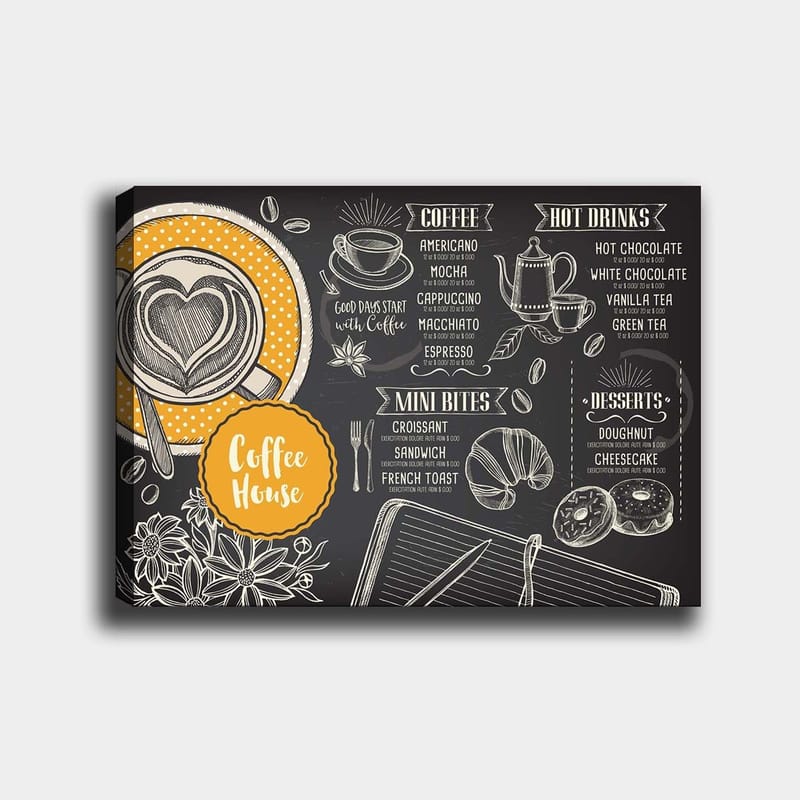 Canvas taulu 70x100 cm - Tyylitelty kahvilan ruokalista, jossa on kuppi kahvia ja leivonnaisia, Musta / Oranssi / Valkoinen