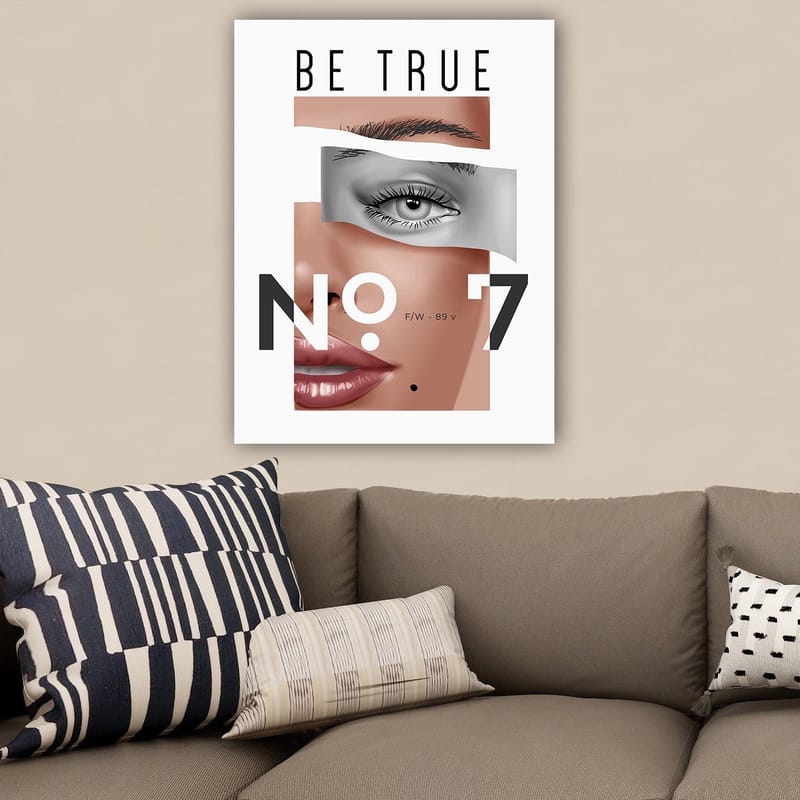 Canvas taulu 70x100 cm - Tyylitelty kasvokuva, jossa keskitytään silmiin ja huuliin - Beige / Harmaa / Musta - Sisustustuotteet - Taulu & taide - Canvas-taulu