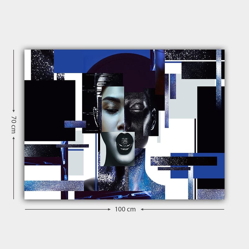 Canvas taulu 70x100 cm - Tyylitelty kasvokuva geometrisilla muodoilla ja kontrastiväreillä, jotka luovat modernin ja futuristisen tunnelman - Tummansininen / Musta / Valkoinen - Sisustustuotteet - Taulu & taide - Canvas-taulu