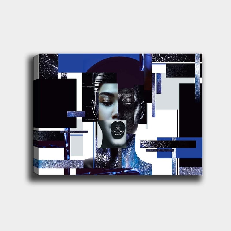 Canvas taulu 70x100 cm - Tyylitelty kasvokuva geometrisilla muodoilla ja kontrastiväreillä, jotka luovat modernin ja futuristisen tunnelman, Tummansininen / Musta / Valkoinen