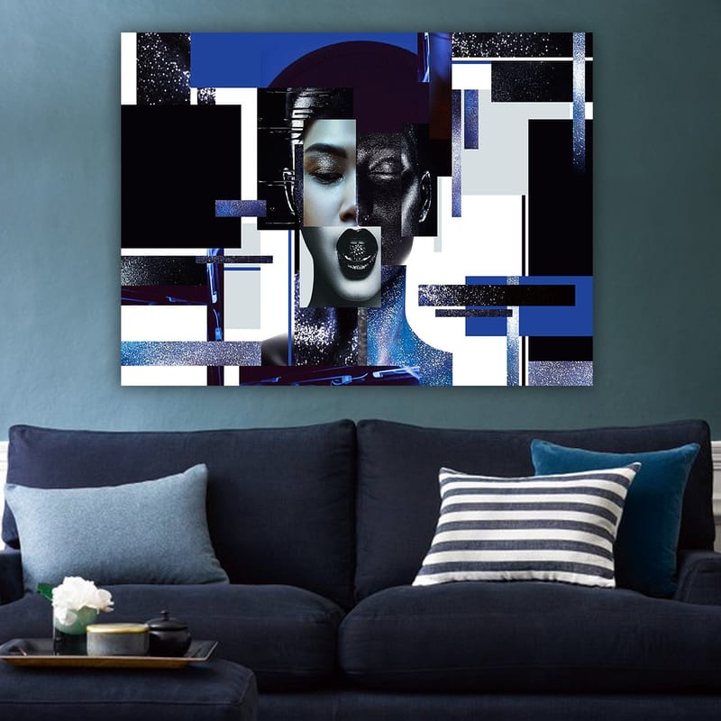 Canvas taulu 70x100 cm - Tyylitelty kasvokuva geometrisilla muodoilla ja kontrastiväreillä, jotka luovat modernin ja futuristisen tunnelman - Tummansininen / Musta / Valkoinen - Sisustustuotteet - Taulu & taide - Canvas-taulu