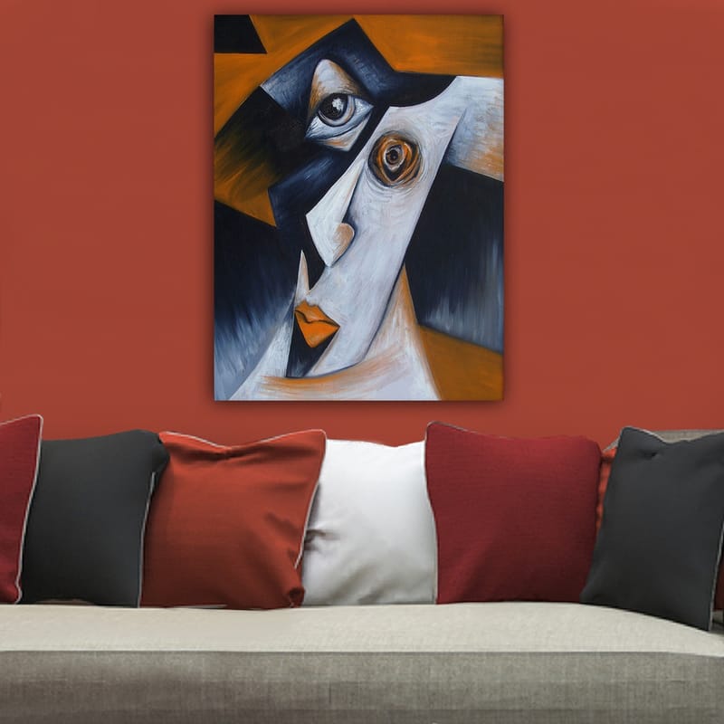 Canvas taulu 70x100 cm - Tyylitelty kasvokuva vastakkaisilla muodoilla ja ilmeillä - Musta / Valkoinen / Oranssi - Sisustustuotteet - Taulu & taide - Canvas-taulu