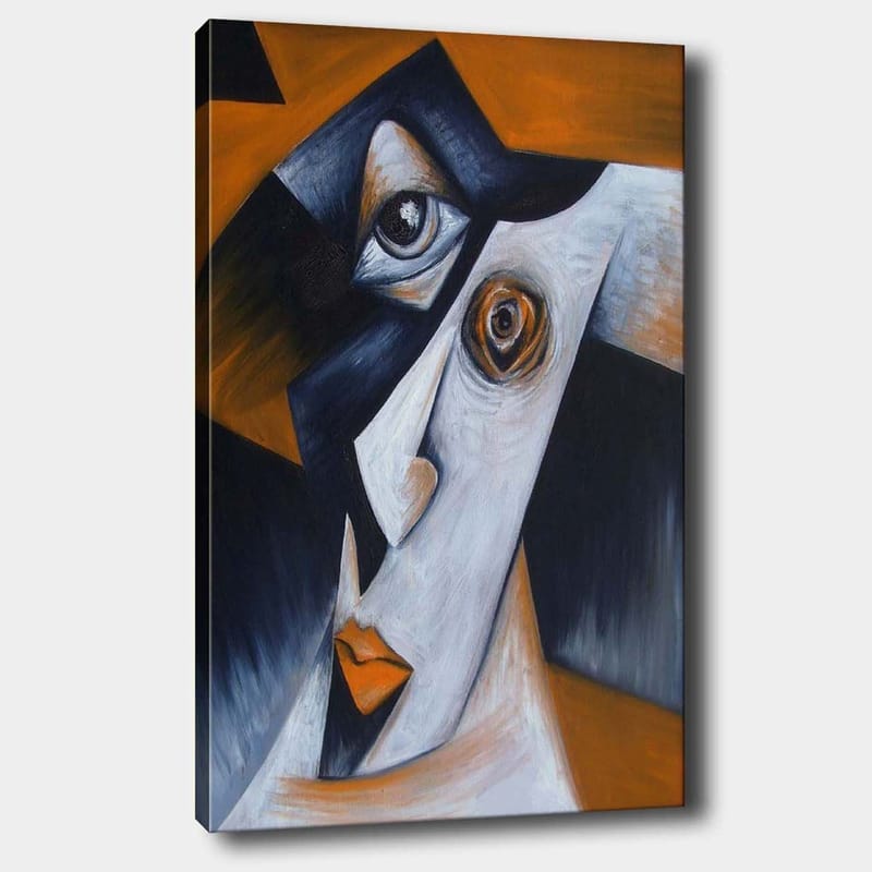 Canvas taulu 70x100 cm - Tyylitelty kasvokuva vastakkaisilla muodoilla ja ilmeillä, Musta / Valkoinen / Oranssi