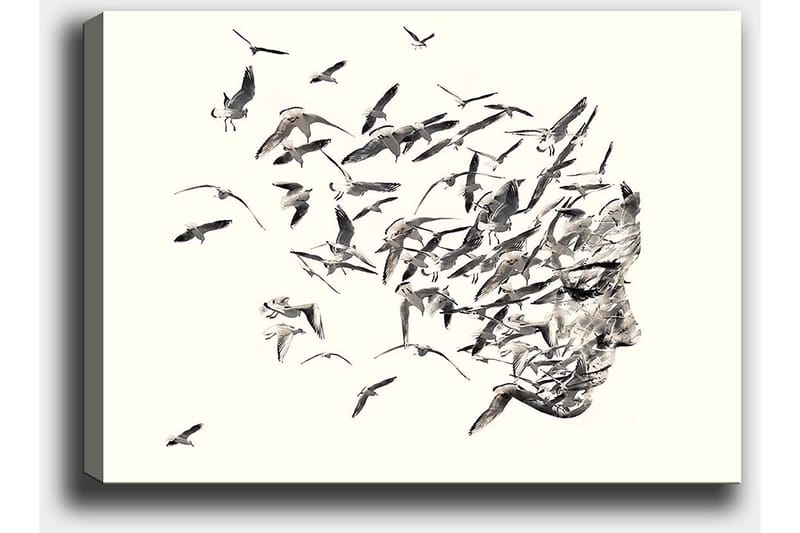 Canvas taulu 70x100 cm - Tyylitelty kasvoprofiili yhdistyy lentäviin lintuihin - Harmaa / Musta / Beige - Sisustustuotteet - Taulu & taide - Canvas-taulu