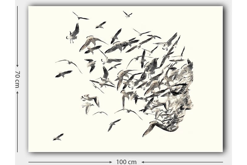 Canvas taulu 70x100 cm - Tyylitelty kasvoprofiili yhdistyy lentäviin lintuihin - Harmaa / Musta / Beige - Sisustustuotteet - Taulu & taide - Canvas-taulu