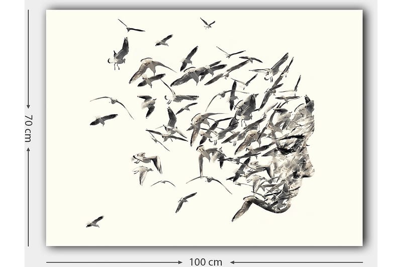 Canvas taulu 70x100 cm - Tyylitelty kasvoprofiili yhdistyy lentäviin lintuihin - Harmaa / Musta / Beige - Sisustustuotteet - Taulu & taide - Canvas-taulu