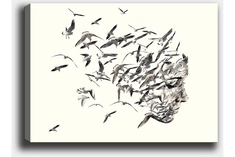 Canvas taulu 70x100 cm - Tyylitelty kasvoprofiili yhdistyy lentäviin lintuihin - Harmaa / Musta / Beige - Sisustustuotteet - Taulu & taide - Canvas-taulu