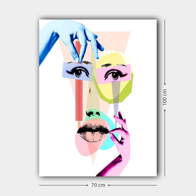 Canvas taulu 70x100 cm - Tyylitelty kasvosommitelma geometrisilla muodoilla ja käsien vuorovaikutuksessa kasvojen kanssa - Sininen / Vaaleanpunainen / Vihreä - Sisustustuotteet - Taulu & taide - Canvas-taulu