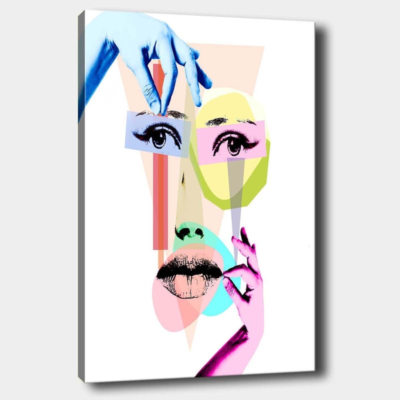 Canvas taulu 70x100 cm - Tyylitelty kasvosommitelma geometrisilla muodoilla ja käsien vuorovaikutuksessa kasvojen kanssa, Sininen / Vaaleanpunainen / Vihreä