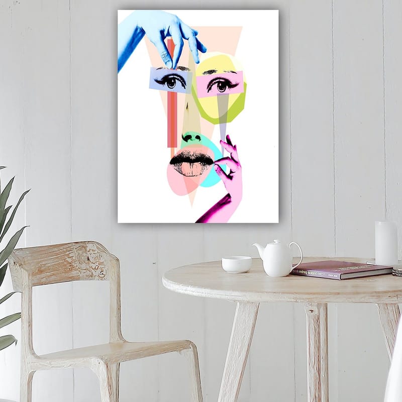 Canvas taulu 70x100 cm - Tyylitelty kasvosommitelma geometrisilla muodoilla ja käsien vuorovaikutuksessa kasvojen kanssa - Sininen / Vaaleanpunainen / Vihreä - Sisustustuotteet - Taulu & taide - Canvas-taulu