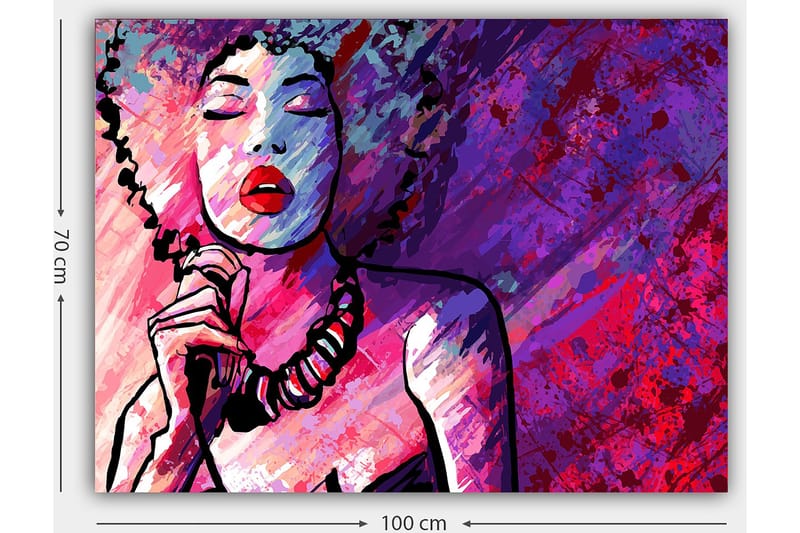 Canvas taulu 70x100 cm - Tyylitelty kiharatukkainen nainen laulaa silmät suljettuina - Violetti / Vaaleanpunainen / Punainen - Sisustustuotteet - Taulu & taide - Canvas-taulu