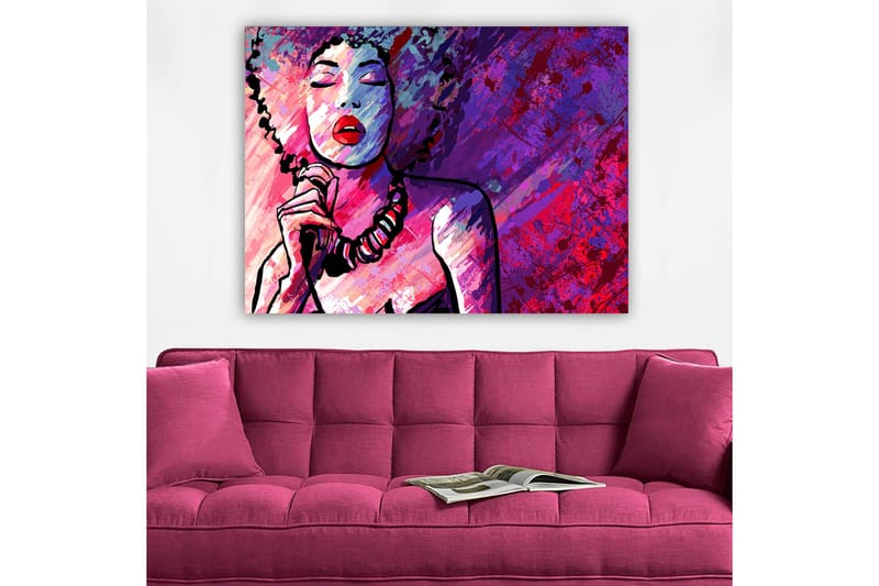 Canvas taulu 70x100 cm - Tyylitelty kiharatukkainen nainen laulaa silmät suljettuina - Violetti / Vaaleanpunainen / Punainen - Sisustustuotteet - Taulu & taide - Canvas-taulu