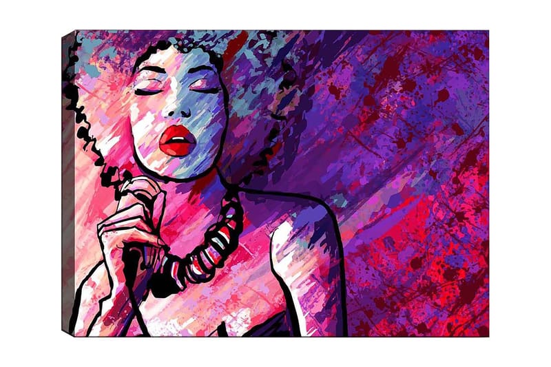 Canvas taulu 70x100 cm - Tyylitelty kiharatukkainen nainen laulaa silmät suljettuina, Violetti / Vaaleanpunainen / Punainen