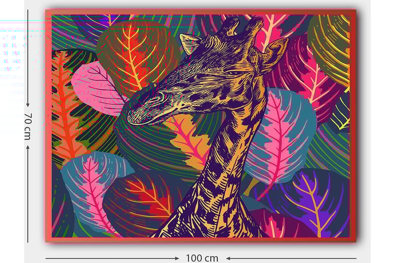 Canvas taulu 70x100 cm - Tyylitelty kirahvi värikkäiden lehtien ympäröimänä - Violetti / Vihreä / Oranssi - Sisustustuotteet - Taulu & taide - Canvas-taulu