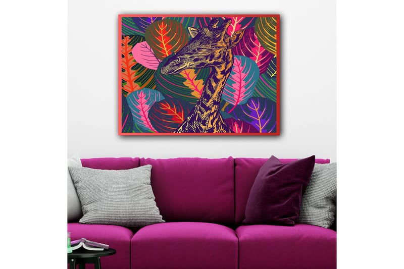 Canvas taulu 70x100 cm - Tyylitelty kirahvi värikkäiden lehtien ympäröimänä - Violetti / Vihreä / Oranssi - Sisustustuotteet - Taulu & taide - Canvas-taulu