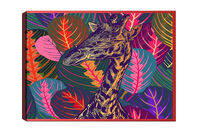 Canvas taulu 70x100 cm - Tyylitelty kirahvi värikkäiden lehtien ympäröimänä, Violetti / Vihreä / Oranssi