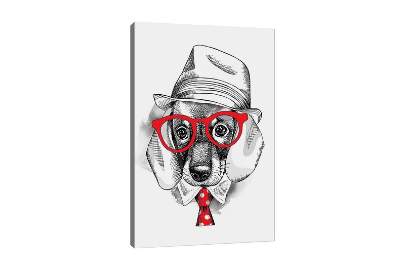 Canvas taulu 70x100 cm - Tyylitelty koira pukeissa hatussa ja laseissa, punaisella solmiolla, jossa on valkoisia pilkkuja, Punainen / Musta / Valkoinen