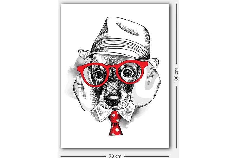 Canvas taulu 70x100 cm - Tyylitelty koira pukeissa hatussa ja laseissa, punaisella solmiolla, jossa on valkoisia pilkkuja - Punainen / Musta / Valkoinen - Sisustustuotteet - Taulu & taide - Canvas-taulu