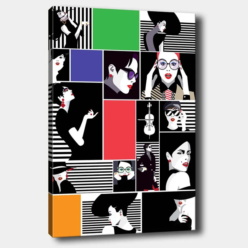 Canvas taulu 70x100 cm - Tyylitelty kollaasi muoti-ikoneista vahvoine ilmeineen ja erilaisine asusteineen, Musta / Punainen / Vihreä