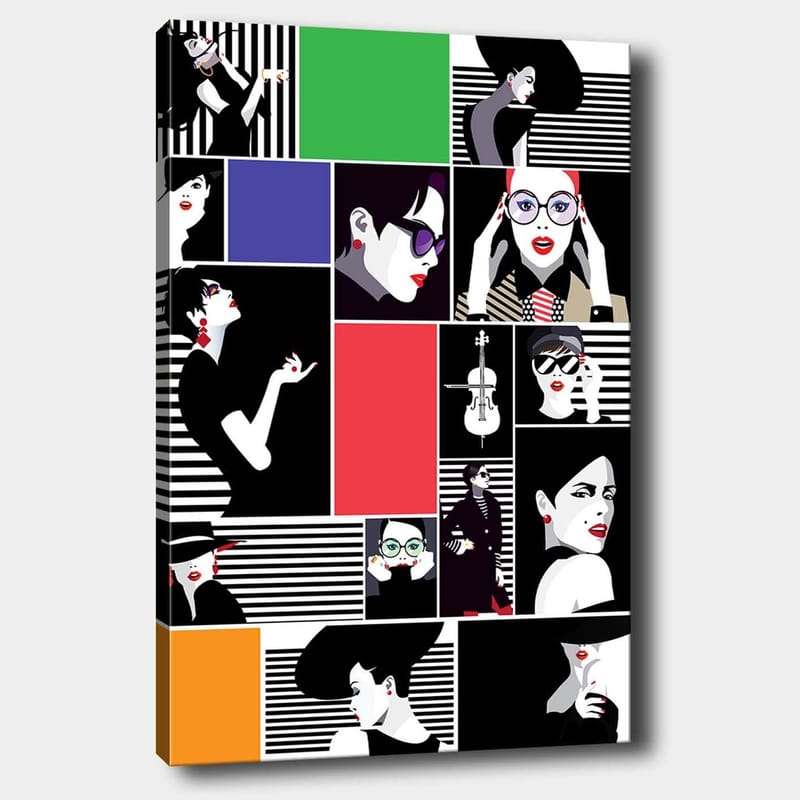 Canvas taulu 70x100 cm - Tyylitelty kollaasi muoti-ikoneista vahvoine ilmeineen ja erilaisine asusteineen, Musta / Punainen / Vihreä