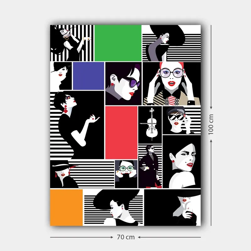 Canvas taulu 70x100 cm - Tyylitelty kollaasi muoti-ikoneista vahvoine ilmeineen ja erilaisine asusteineen - Musta / Punainen / Vihreä - Sisustustuotteet - Taulu & taide - Canvas-taulu