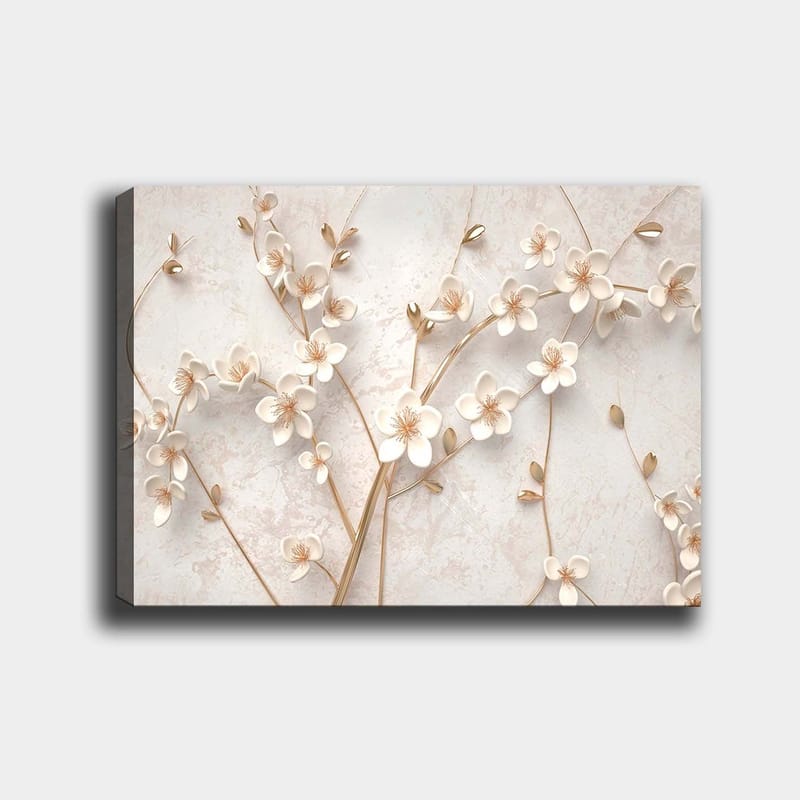 Canvas taulu 70x100 cm - Tyylitelty kukka-asetelma valkoisilla kukilla ja kultaisilla yksityiskohdilla, Valkoinen / Kulta