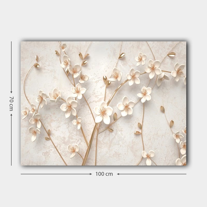 Canvas taulu 70x100 cm - Tyylitelty kukka-asetelma valkoisilla kukilla ja kultaisilla yksityiskohdilla - Valkoinen / Kulta - Sisustustuotteet - Taulu & taide - Canvas-taulu