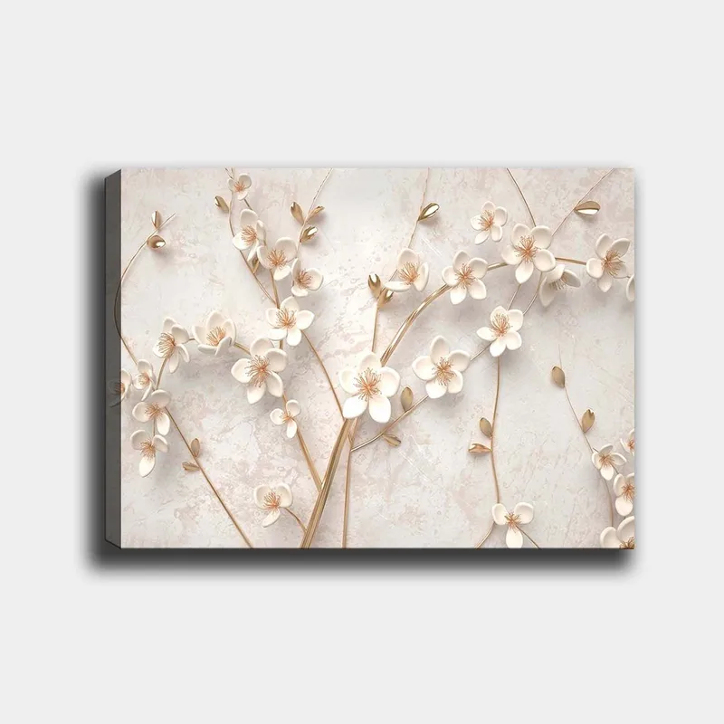 Canvas taulu 70x100 cm - Tyylitelty kukka-asetelma valkoisilla kukilla ja kultaisilla yksityiskohdilla, Valkoinen / Kulta