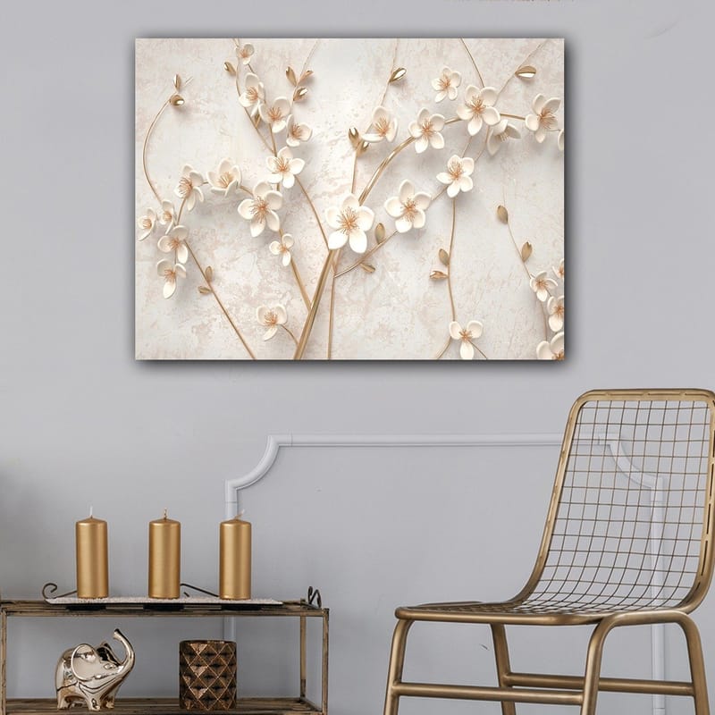 Canvas taulu 70x100 cm - Tyylitelty kukka-asetelma valkoisilla kukilla ja kultaisilla yksityiskohdilla - Valkoinen / Kulta - Sisustustuotteet - Taulu & taide - Canvas-taulu
