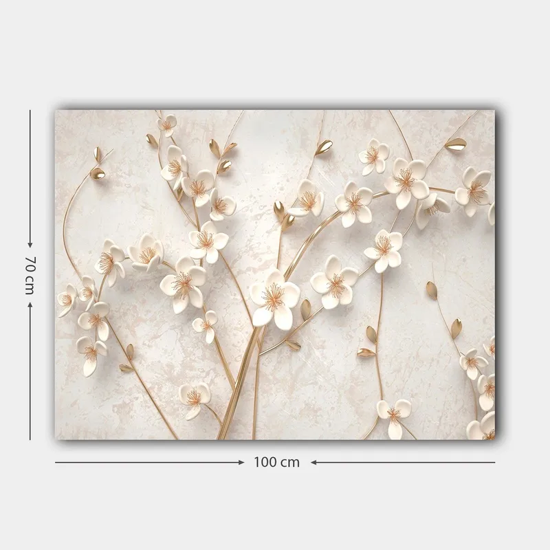 Canvas taulu 70x100 cm - Tyylitelty kukka-asetelma valkoisilla kukilla ja kultaisilla yksityiskohdilla - Valkoinen / Kulta - Sisustustuotteet - Taulu & taide - Canvas-taulu