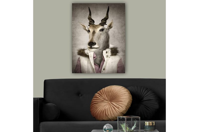 Canvas taulu 70x100 cm - Tyylitelty kuva antiloopista, joka on pukeutunut moderniin kaulukseen, Beige / Valkoinen / Harmaa