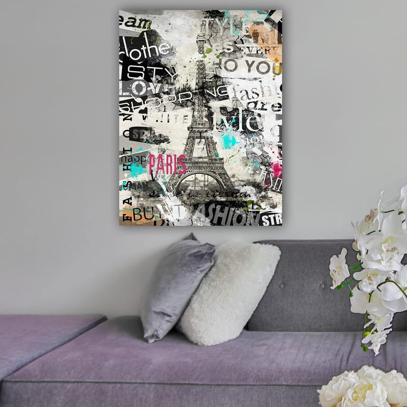 Canvas taulu 70x100 cm - Tyylitelty kuva Eiffel-tornista, jota ympäröivät muotisanat ja värikkäät yksityiskohdat, Musta / Vaaleanpunainen / Turkoosi