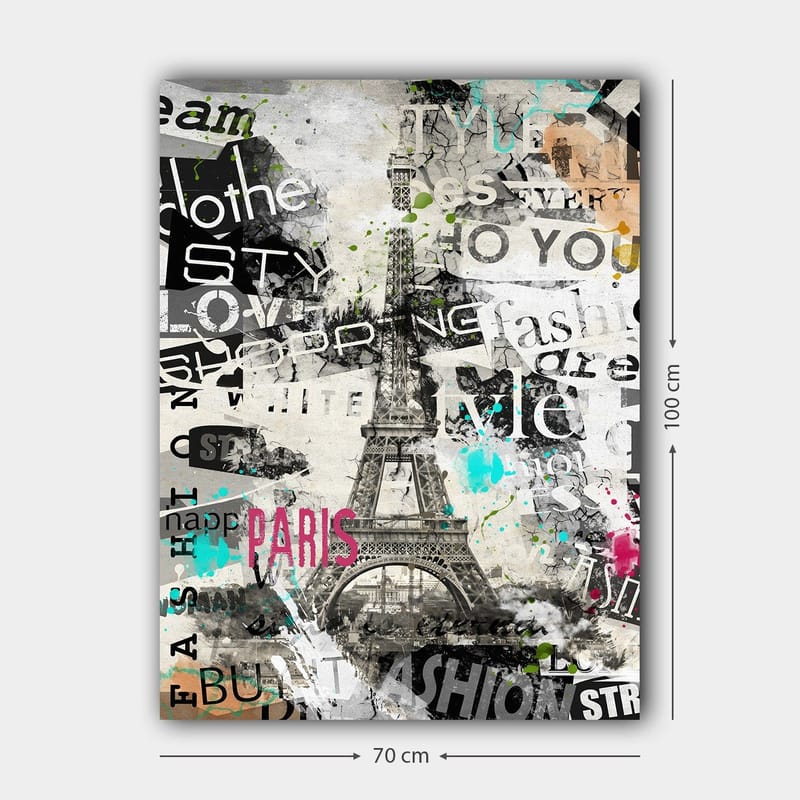 Canvas taulu 70x100 cm - Tyylitelty kuva Eiffel-tornista, jota ympäröivät muotisanat ja värikkäät yksityiskohdat - Musta / Vaaleanpunainen / Turkoosi - Sisustustuotteet - Taulu & taide - Canvas-taulu