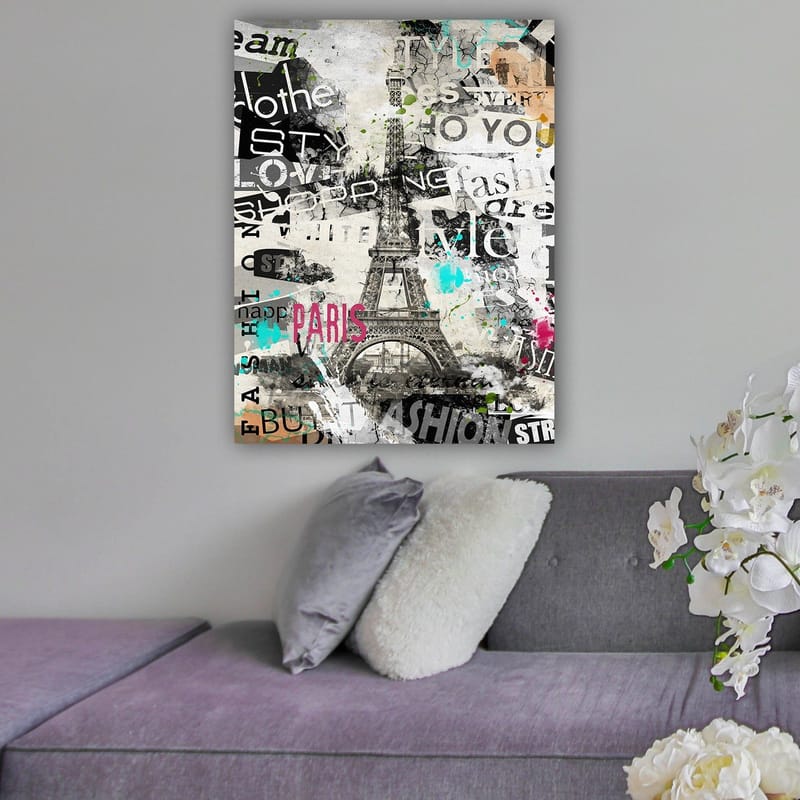 Canvas taulu 70x100 cm - Tyylitelty kuva Eiffel-tornista, jota ympäröivät muotisanat ja värikkäät yksityiskohdat, Musta / Vaaleanpunainen / Turkoosi