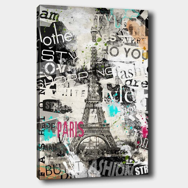 Canvas taulu 70x100 cm - Tyylitelty kuva Eiffel-tornista, jota ympäröivät muotisanat ja värikkäät yksityiskohdat - Musta / Vaaleanpunainen / Turkoosi - Sisustustuotteet - Taulu & taide - Canvas-taulu