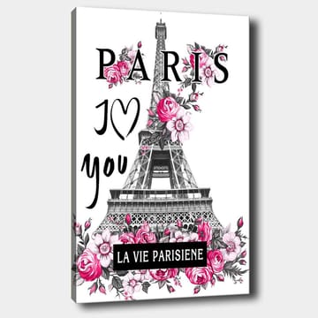 Canvas taulu 70x100 cm - Tyylitelty kuva Eiffel-tornista, jota ympäröivät vaaleanpunaiset kukat ja teksti PARIS I Love you - Vaaleanpunainen / Musta / Harmaa - Sisustustuotteet - Taulu & taide - Canvas-taulu