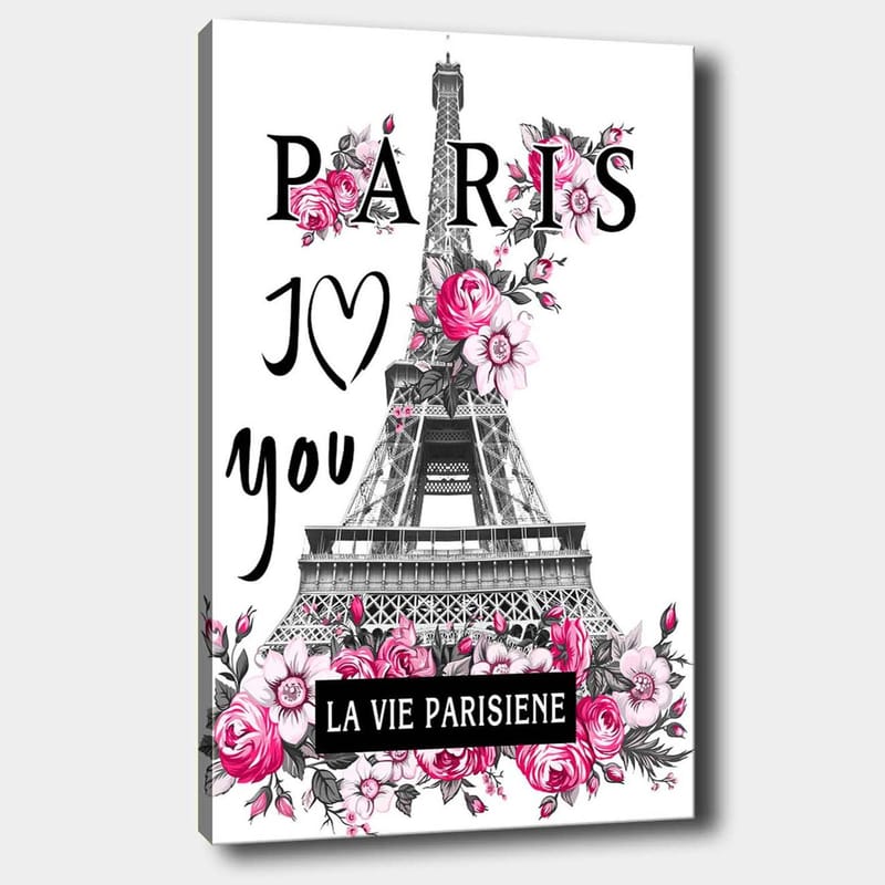 Canvas taulu 70x100 cm - Tyylitelty kuva Eiffel-tornista, jota ympäröivät vaaleanpunaiset kukat ja teksti PARIS I Love you, Vaaleanpunainen / Musta / Harmaa