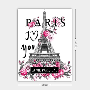 Canvas taulu 70x100 cm - Tyylitelty kuva Eiffel-tornista, jota ympäröivät vaaleanpunaiset kukat ja teksti PARIS I Love you - Vaaleanpunainen / Musta / Harmaa - Sisustustuotteet - Taulu & taide - Canvas-taulu