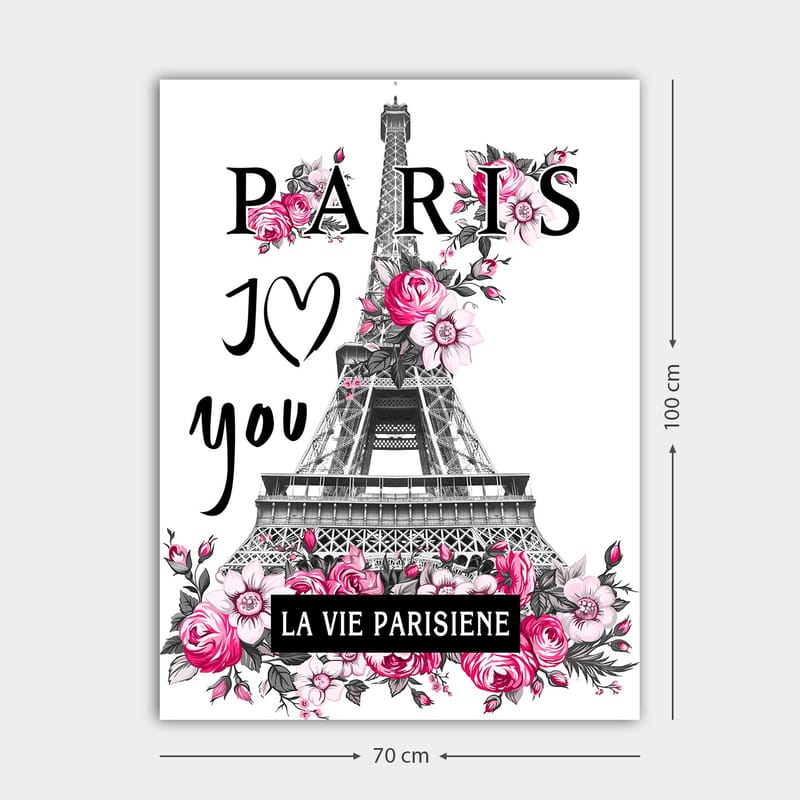 Canvas taulu 70x100 cm - Tyylitelty kuva Eiffel-tornista, jota ympäröivät vaaleanpunaiset kukat ja teksti PARIS I Love you - Vaaleanpunainen / Musta / Harmaa - Sisustustuotteet - Taulu & taide - Canvas-taulu