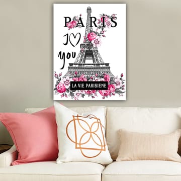 Canvas taulu 70x100 cm - Tyylitelty kuva Eiffel-tornista, jota ympäröivät vaaleanpunaiset kukat ja teksti PARIS I Love you - Vaaleanpunainen / Musta / Harmaa - Sisustustuotteet - Taulu & taide - Canvas-taulu