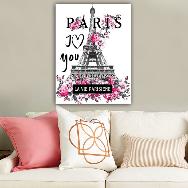 Canvas taulu 70x100 cm - Tyylitelty kuva Eiffel-tornista, jota ympäröivät vaaleanpunaiset kukat ja teksti PARIS I Love you - Vaaleanpunainen / Musta / Harmaa - Sisustustuotteet - Taulu & taide - Canvas-taulu