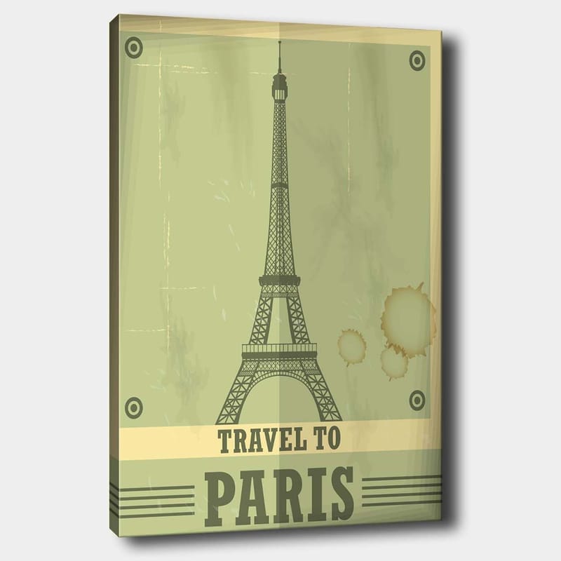 Canvas taulu 70x100 cm - Tyylitelty kuva Eiffel-tornista vintage-tunnelmalla, Vihreä / Beige